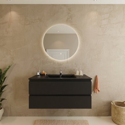 Meuble de salle de bains suspendu design épuré avec lavabo minéral - noir - 100 cm - Marenza