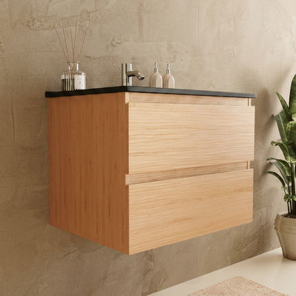 Meuble de salle de bain suspendu design contemporain avec vasque en marbre minéral - noir et chêne clair - 60 cm - Marenza