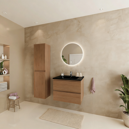 Meuble de salle de bains suspendu finition chêne chaud avec vasque en marbre minéral noir - 60 cm - Marenza