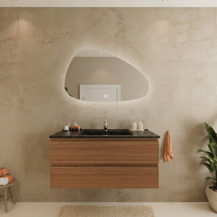 Meuble de salle de bain suspendu finition chêne chaud avec vasque en marbre minéral noire - 100 cm - Marenza