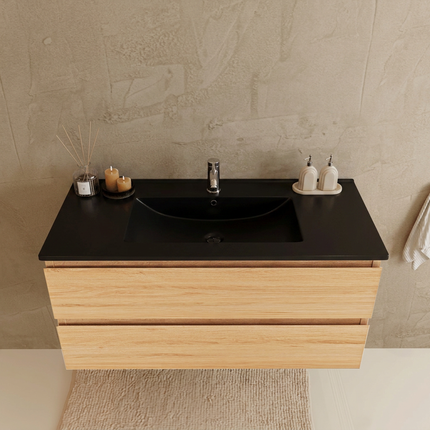 Meuble suspendu contemporain avec vasque marbre minéral noir - Chêne - 100 cm - Marenza