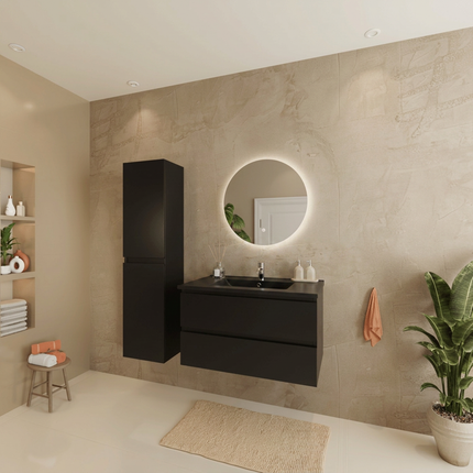 Meuble de salle de bains suspendu mat noir avec vasque en marbre minéral noire - 80 cm - Marenza