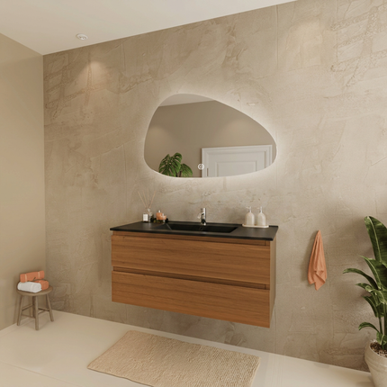 Meuble de salle de bain suspendu finition chêne chaud avec vasque en marbre minéral noire - 100 cm - Marenza