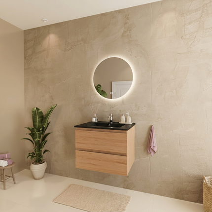 Meuble de salle de bain suspendu design contemporain avec vasque en marbre minéral - noir et chêne clair - 60 cm - Marenza