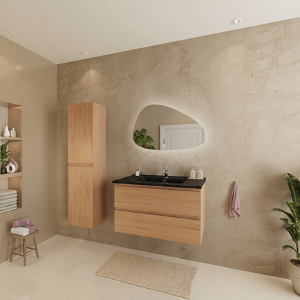 Meuble de salle de bains suspendu chêne clair avec vasque noire en marbre minéral - 80 cm - Marenza