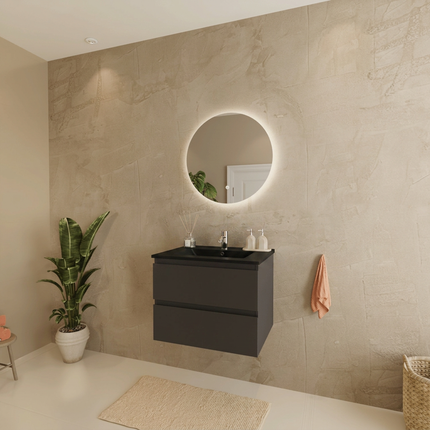 Meuble de salle de bain suspendu mat noir avec vasque en marbre minéral noire - 60 cm - Marenza