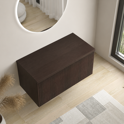 Meuble bas suspendu avec plan supérieur en placage noyer - Noyer strié - 80 cm - Messina