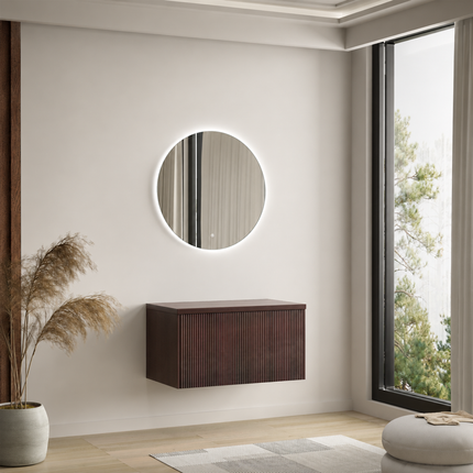 Meuble bas suspendu avec plan supérieur en placage noyer - Noyer strié - 80 cm - Messina