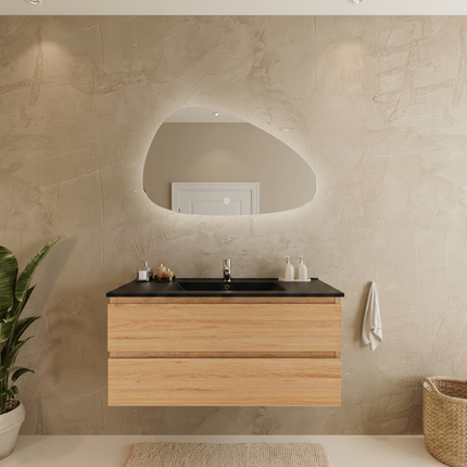 Meuble suspendu contemporain avec vasque marbre minéral noir - Chêne - 100 cm - Marenza