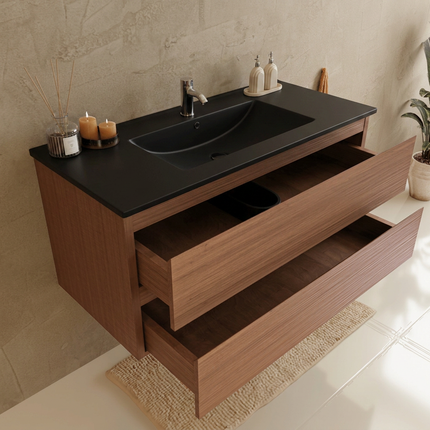 Meuble de salle de bain suspendu finition chêne chaud avec vasque en marbre minéral noire - 100 cm - Marenza