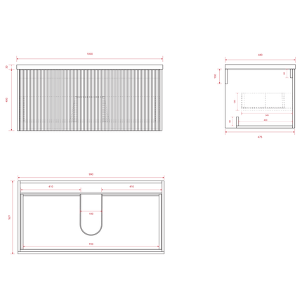 Meuble de salle de bain suspendu à nervures arrondies avec vasque blanche en céramique - noyer - 100 cm - Messina