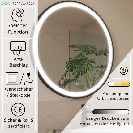 Miroir de salle de bain LED avec éclairage réglable - Noir - 70 cm - Bologna