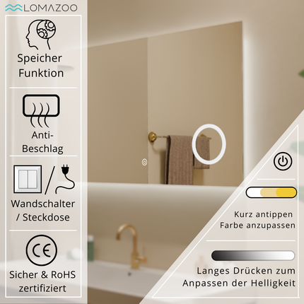 Miroir de salle de bain anti-buée avec éclairage LED modulable - 100 x 60 cm - Marseille