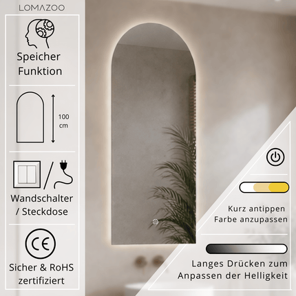 Miroir salle de bains design arc avec éclairage LED réglable - 45 cm - Tunis