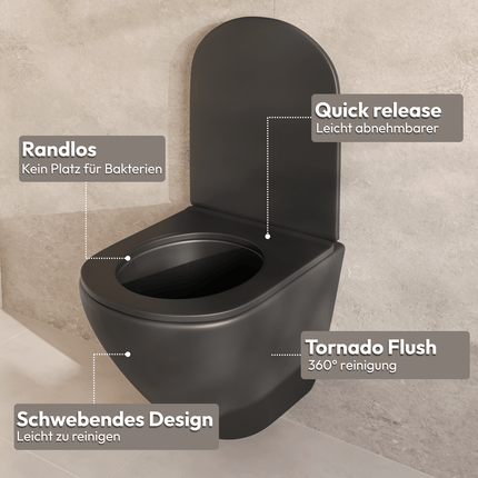 Toilette suspendue rimless avec abattant softclose quick release - Noir - LINEA