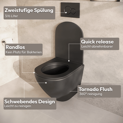 Toilette suspendue design rond avec réservoir encastré - noir - Linea