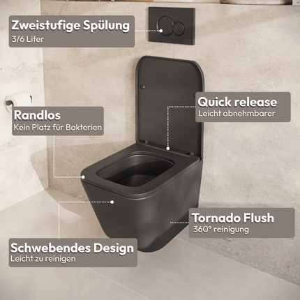 WC suspendu design carré avec réservoir encastré - Noir - Linea
