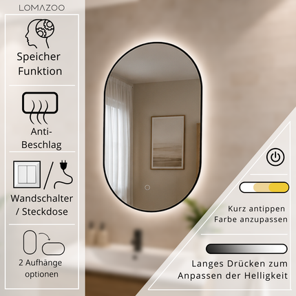 Miroir ovale avec éclairage LED réglable - cadre noir - 90 cm - Tanger