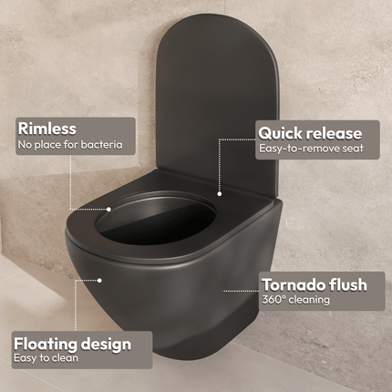 Toilette suspendue rimless avec abattant softclose quick release - Noir - LINEA