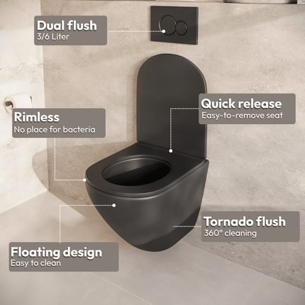 WC suspendu sans rebord avec réservoir encastré - noir - Linea
