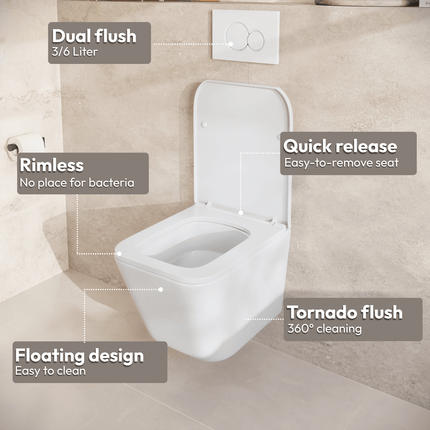 Toilette suspendue carrée avec réservoir encastré - Blanc - Linea
