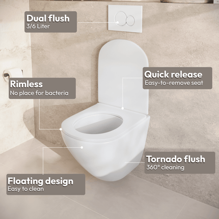 Toilettes suspendues sans bride avec réservoir encastré - Blanc - Linea