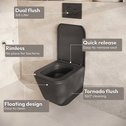 Toilette suspendue design carré avec réservoir encastré - Noir - Linea