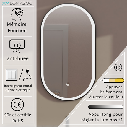 Miroir de salle de bains éclairé LED avec fonction anti-buée - 40 x 70 cm - Frankfurt
