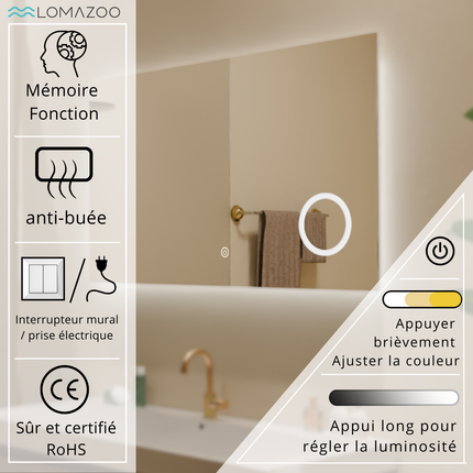 Miroir de salle de bain anti-buée avec éclairage LED modulable - 100 x 60 cm - Marseille