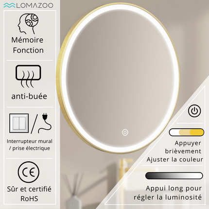Miroir de salle de bains avec fonction anti-buée et éclairage LED réglable - 80 cm - PARIS