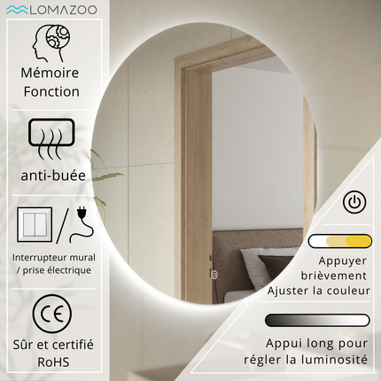 Miroir de salle de bains avec éclairage LED et fonction anti-buée - 70 cm - Atlanta