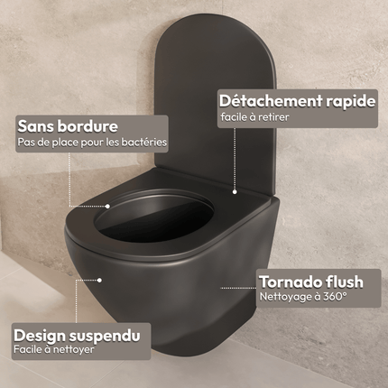 Toilette suspendue rimless avec abattant softclose quick release - Noir - LINEA