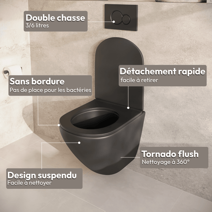 WC suspendu sans bride avec réservoir encastré - noir - Linea