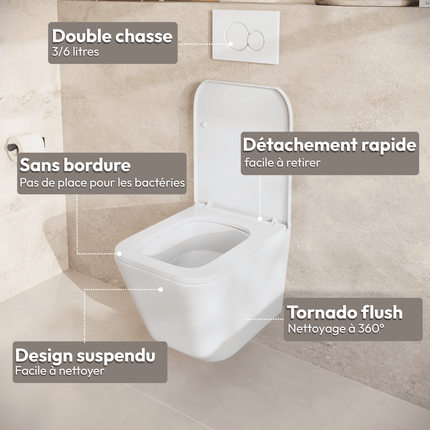 Toilette suspendue sans bride avec réservoir encastré - Blanc - Plaque de commande carrée noire - Linea
