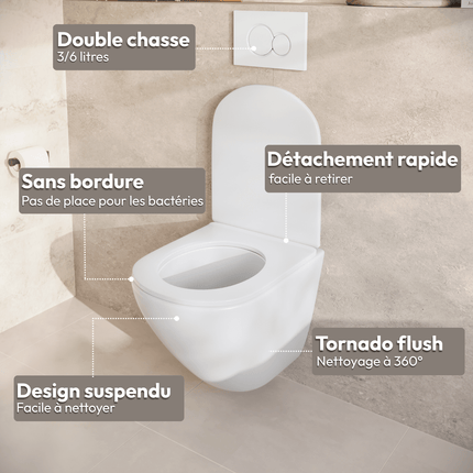 Toilette suspendue avec réservoir encastré et abattant SoftClose - Blanc - Linea