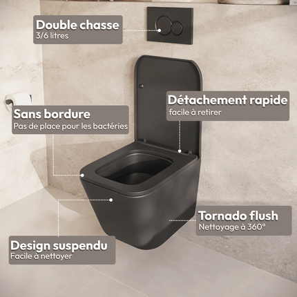 WC suspendu design carré avec réservoir encastré réglable - Noir - Linea