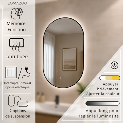 Miroir ovale avec éclairage LED réglable - noir - 100 cm - Tanger