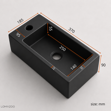 Fontaine de toilette compacte en céramique mate avec perçage robinet gauche - Noir - 37 cm - Fonza