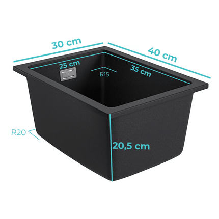 Évier en granit robuste avec siphon double connexion - 30x40 cm - Isco