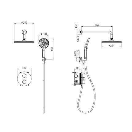 Douche encastrée chrome avec tête pluie - 30 cm - Cassia