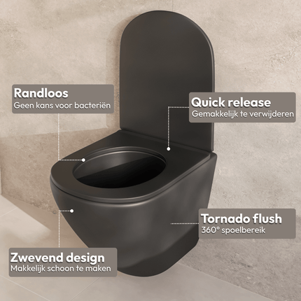 Toilette suspendue rimless avec abattant softclose quick release - Noir - LINEA