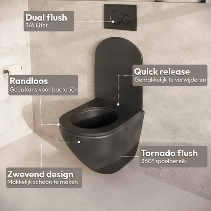 Toilettes suspendues sans bride avec réservoir encastré - Noir - Linea
