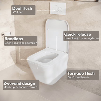 Toilette suspendue sans rebord avec réservoir encastré - Blanc - Plaque ronde Gunmetal - Linea