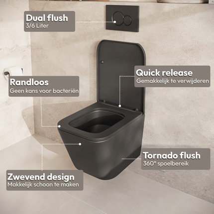 WC suspendu design carré avec réservoir encastré - Noir - Linea