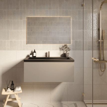 Ensemble meuble de salle de bain suspendu finition greige avec vasque noire intégrée - 100 cm - Sorrento