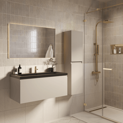 Ensemble meuble de salle de bain suspendu finition greige avec vasque noire intégrée - 100 cm - Sorrento