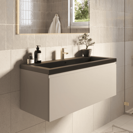 Meuble de salle de bain suspendu finition greige avec lavabo noir - 100 cm - Modena