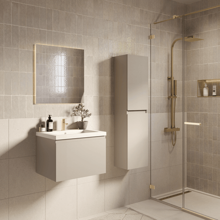 Meuble de salle de bain suspendu finition greige avec lavabo blanc - 60 cm - Modena