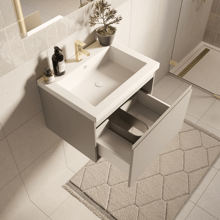 Ensemble meuble de salle de bain suspendu finition greige avec vasque blanche - 60 cm - Sorrento