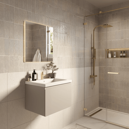 Ensemble meuble de salle de bain suspendu finition greige avec vasque blanche - 60 cm - Sorrento